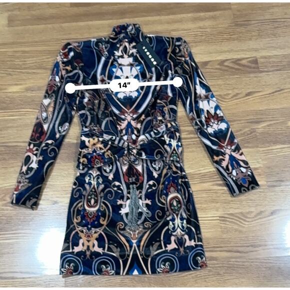 DUNDAS VELVET & LACE PAISLEY PRINT LONG SLEEVE MINI DRESS W FRONT BELT DETAIL 36 - Picture 8 of 13